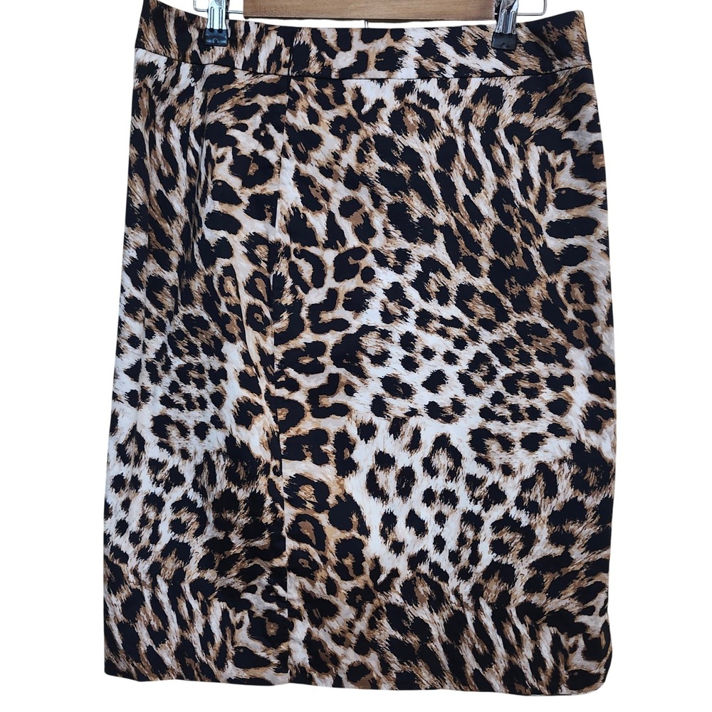 Talbots Pencil Faux Wrap Skirt Women 10 Brown Leopard Print Knee Length Mob Wife